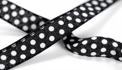 The image features a close up of a black ribbon adorned with evenly spaced white polka dots