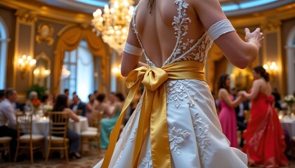 The image depicts a woman wearing an elegant wedding gown with intricate lace details and a large golden sash tied into a bow at the back