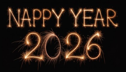 A glowing neon light illustration celebrates the New Year party night with a colorful 2026 date design and fireworks symbol on a black background to celebrate the holiday