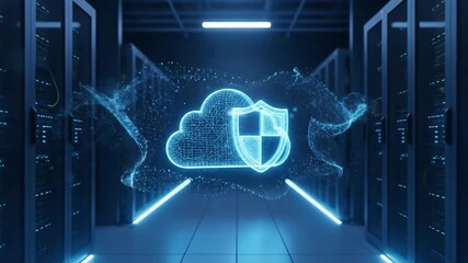 Vantage of digital cloud security icons in a high-tech data center - Powered by Adobe