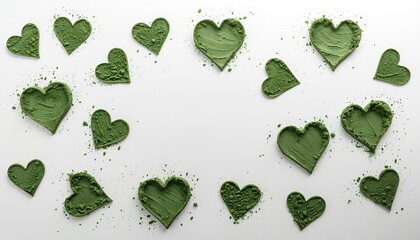 Seamless vector design featuring an abstract green leaf texture and nature pattern set with heart shapes for a romantic Valentine Day holiday card or wedding decoration wallpaper illustration