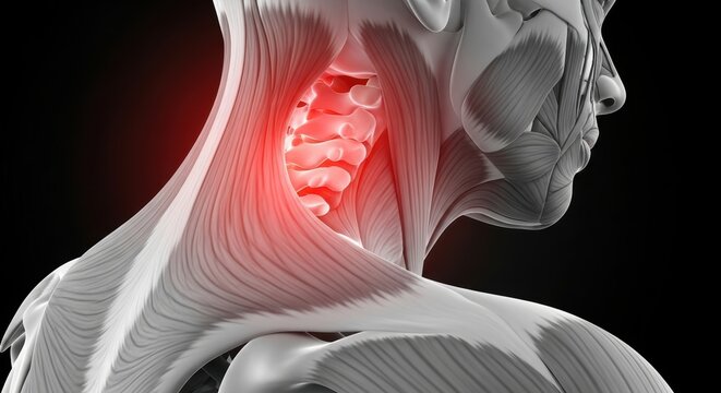 Anatomical rendering of neck muscles highlighting cervical spine pain on a dark background