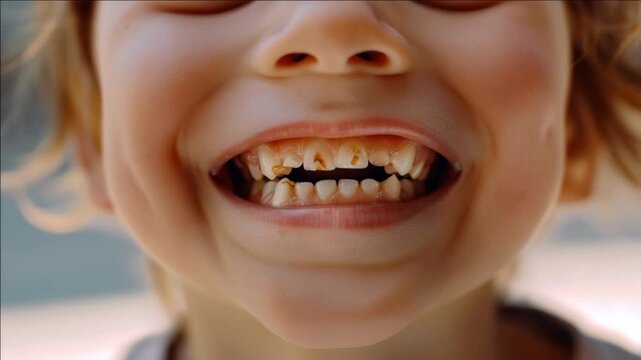 A young child smiling with their dirty hands held up by the face.