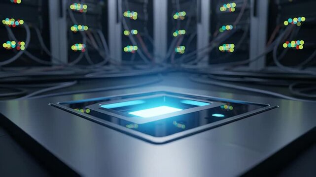 Vantage of Server Racks with Glowing Green Indicator Lights