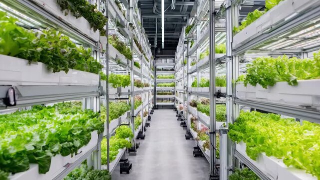 Medium shot of automated hydroponic farm with robotic arms tending to leafy greens showcasing cuttingedge indoor agriculture technology in a clean environment.
