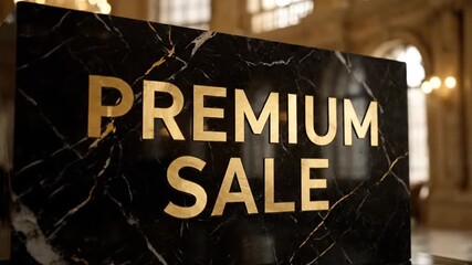 A luxurious premium sale sign displayed in a high-end store with marble and gold accents