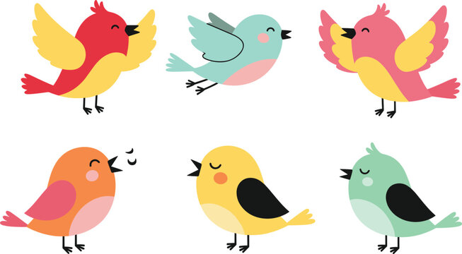 Cute cartoon bird characters set colorful singing and flying birds playful animal illustration collection