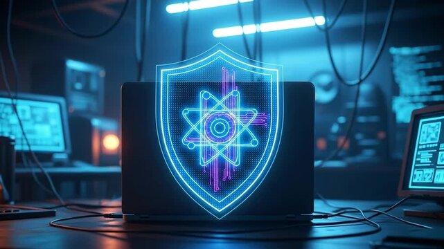 Vantage shot of a glowing digital shield with atomic symbol in a high-tech lab