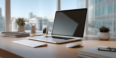 Office workspace with computer and desk, suitable for layout and productivity design, background for UI layout or editorial header