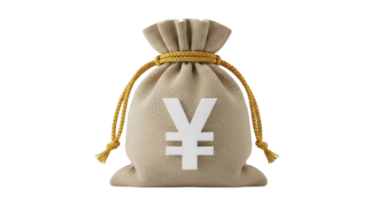Money bag with Yen symbol PNG isolated on transparent background, currency sack for finance, banking, and economy concepts