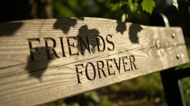 A wooden sign with the words Friends Forever engraved on it in a park