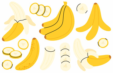 A set of yellow bananas of various shapes. A cut banana, banana slices.