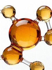 Amber transparent molecule made of glossy liquid spheres connected by glass links on a white background. Abstract scientific structure for cosmetics, skincare, chemistry and biotech concepts.