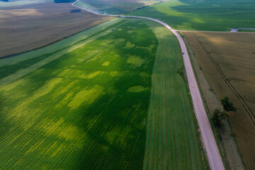 Aerial scene shows farm plots split by a curving gravel road, tractor tracks, and a small vehicle. Irregular yellow green blotches mark crops in late afternoon light.
