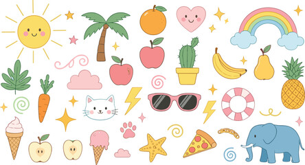Cute cartoon doodle elements set with fruits animals weather symbols and fun icons colorful illustration collection