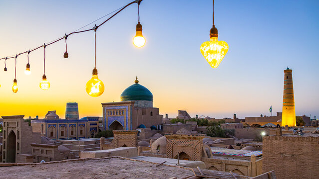 Kalta Minor minaret at sunset. UNESCO cultural heritage site. Itchan Kala, inner town of the city of Khiva, Uzbekistan