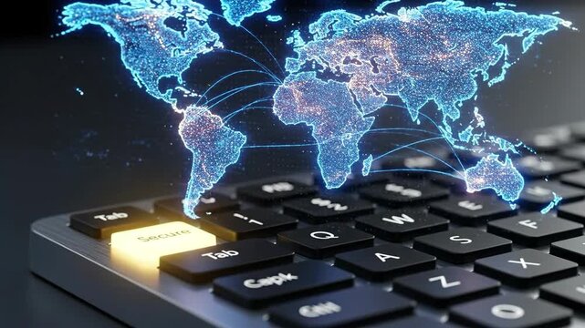 Vantage shot of illuminated world map projection on keyboard