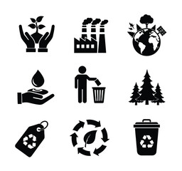 Eco Friendly Icons Set: Sustainability, Recycling, Environment Protection And Waste Management Symbols