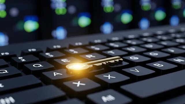 Close-up of a backlit keyboard with digital data in the background