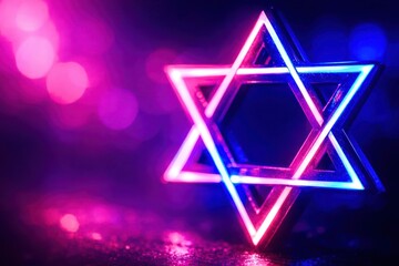 A neon lighted Star of David is displayed on a blue background