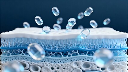 3D cross‑section of layered skin structure with transparent blue capsules penetrating deep into tissue. Futuristic visualization of hydration, collagen boost and dermal skincare treatment action.