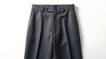 Close-up of elegant dark grey tailored formal trousers, highlighting the refined waistband, button closure, and precision pleats, perfect for a sophisticated business or event attire