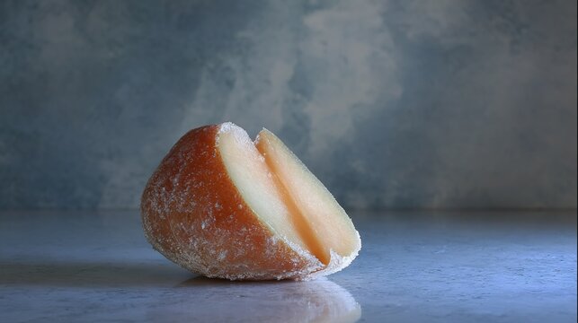   A fruit with a bite removed, resting on a table against a gray backdrop