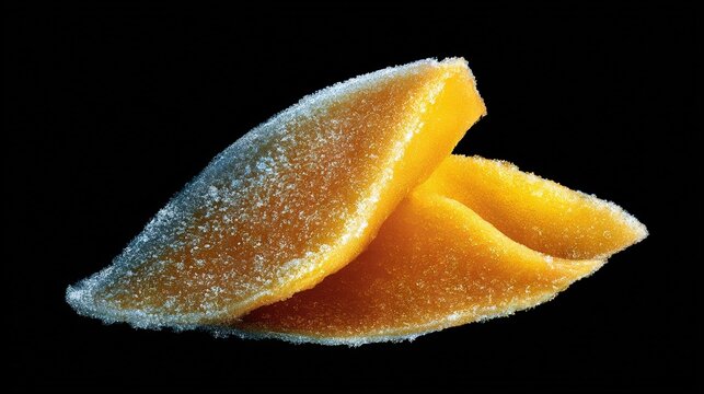   A close-up image of a fruit with sugar coating against a dark background