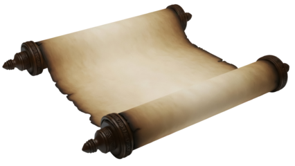Aged parchment scroll PNG isolated on transparent background, antique paper roll with wooden handles for historical documents and maps