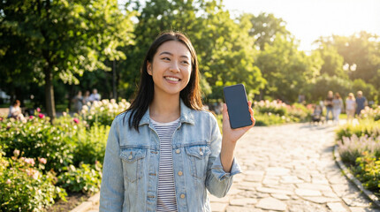 Young Asian woman age 20–26, playful smile, outdoor park walkway, one hand holding smartphone with blank screen, sunny day, fresh lifestyle aesthetic.