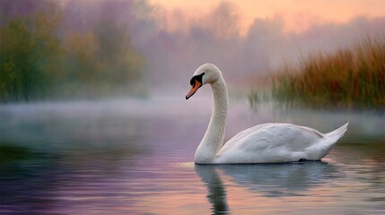 Fototapeta premium A white swan glides atop a tranquil lake beside tall grasses and a dense forest, shrouded by fog on a misty day