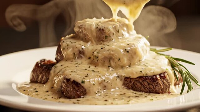 Slow motion shot of luxurious creamy parmesan sauce cascading dramatically over a pile of tender steak bites on a white plate ready for serving professional, luxurious, parmesan