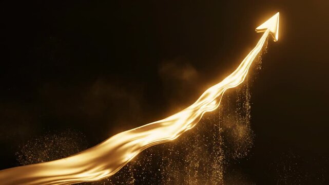 Slow motion shot of luxurious golden particles flowing seamlessly upward and coalescing into a continuous rising logarithmic financial growth curve continuous, rising, profit