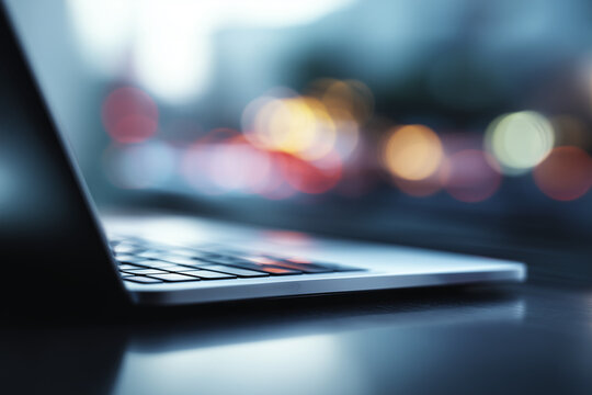 Close-up of a laptop computer resting on a table, featuring a blurred bokeh background