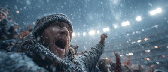 Passionate Fans Celebrating in Snowy Stadium