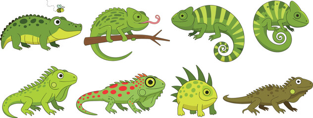 Cute cartoon reptiles collection featuring lizards chameleons and crocodile characters playful wildlife illustration set © Sumon Creative