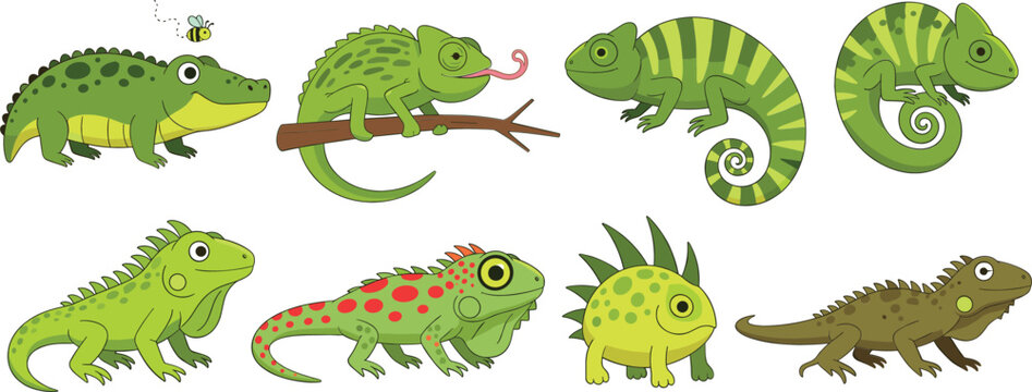 Cute cartoon reptiles collection featuring lizards chameleons and crocodile characters playful wildlife illustration set