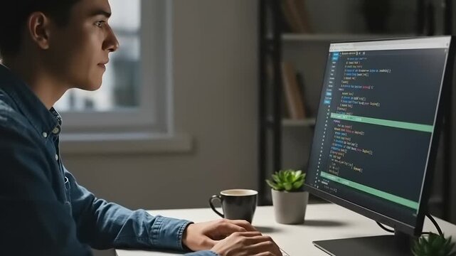 Focused Programmer Working Late Night on Computer Coding and Developing Software.