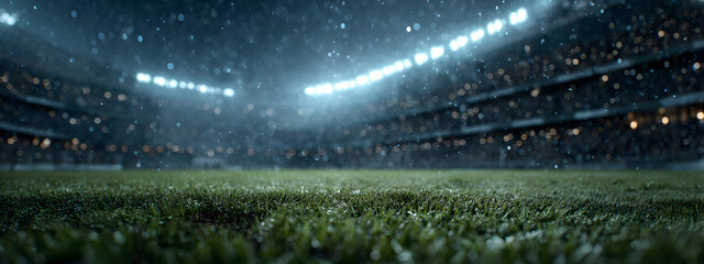 a soccer stadium at night, with fans in the stands, a grass field, and bokeh lights