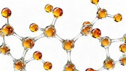 Abstract 3D molecular structure made of glossy glass connectors and amber liquid spheres on a bright white background. Futuristic visualization for cosmetics, vitamins, chemistry and biotech concepts.