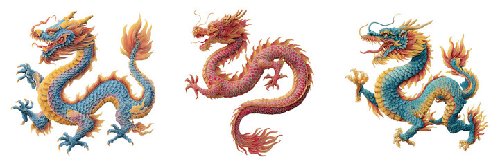 Fototapeta premium Set of Mighty dragon with shimmering wings and magical energy radiating from its claws on transparent png background. Ai generated