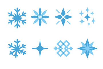 Obraz premium Geometric Snowflake Icons. Frozen Perfection in geometric flat style: six-point snowflake, frost bloom, ice shimmer, snow sparkle, flake cluster, glint, icy pattern, frost crystal