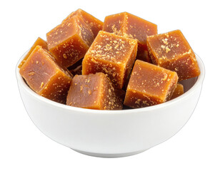 Close-up of dark brown, cubed, solidified sweetener overflowing a white ceramic bowl