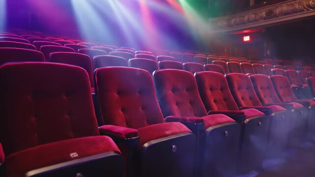Slow motion shot of rows of empty, velvet theater seats in a vibrant venue vibrating slightly from heavy bass and sound waves with colorful ambient lighting Acoustics, Colorful, Empty