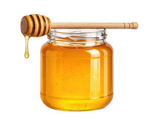 Glass jar filled with golden, viscous liquid, a wooden dipper resting atop with a honey drip