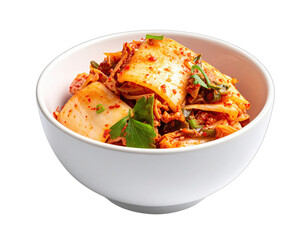 Close-up of a white bowl overflowing with the vibrant red, fermented Korean kimchi