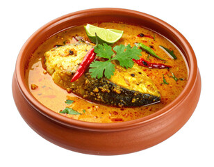 A vibrant seafood dish in a rustic clay bowl. Garnished with herbs, limes, and chilies