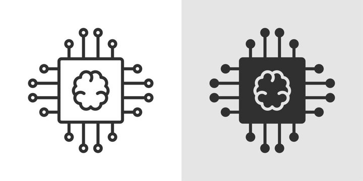 Brain Chip Icon showing a brain combined with a microchip or circuit lines, representing AI, neural networks, brain-computer interfaces, and advanced computing technology.