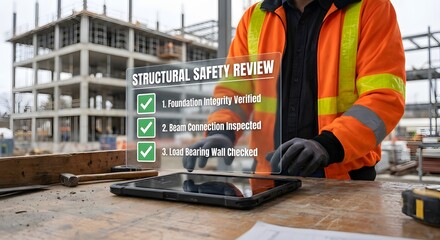 Construction worker using digital tablet for structural safety inspection on building site, modern technology.