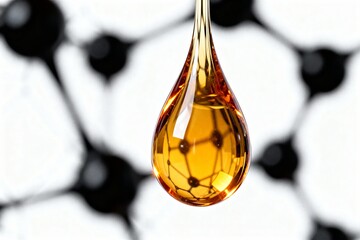 Closeup of a glossy amber serum drop with molecular structure reflection on a soft white background. Abstract skincare, vitamin and biotechnology concept for cosmetic or medical branding.